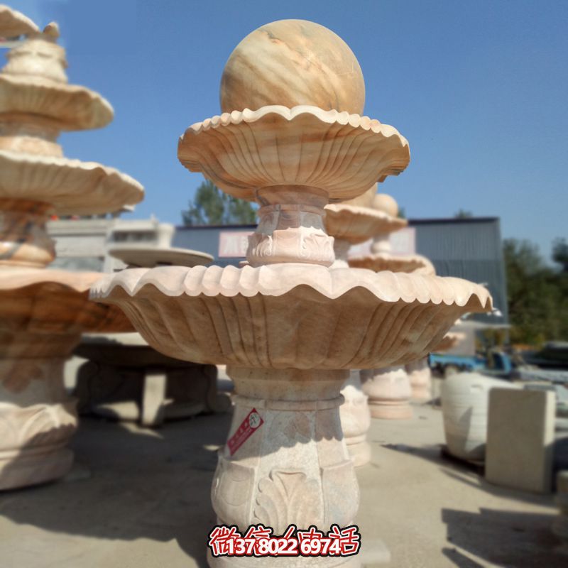 私家庭院風水紅景觀，點綴晚霞夢幻雕塑噴泉