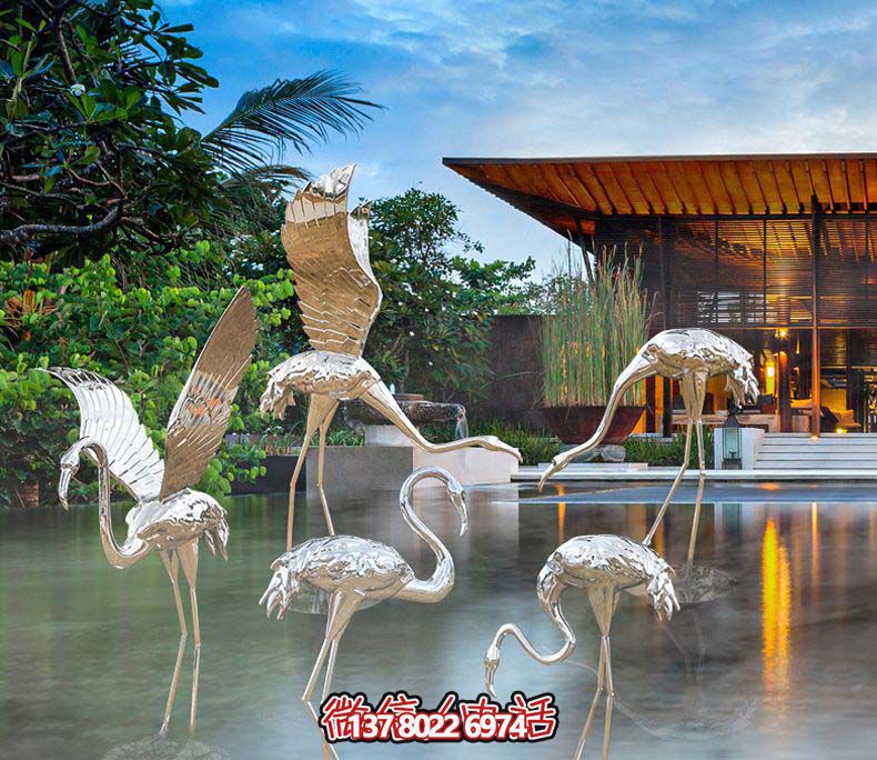 不銹鋼火烈鳥雕塑，游樂園擺放鏡面裝點