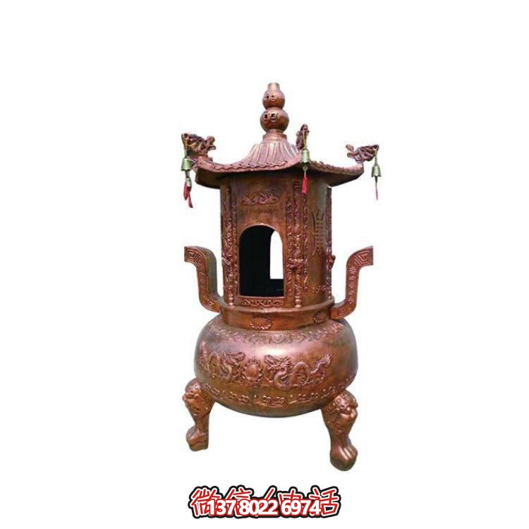純銅香爐四柱舍利塔，裝飾寺院舍利