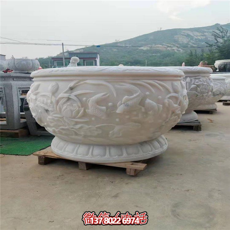 古典經典，漢白玉鯉魚雕刻圓形水缸